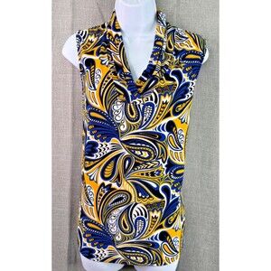 Anne Klein Women's Plus SIze 1X Sleeveless Blouse Career Top Yellow Blue Paisley